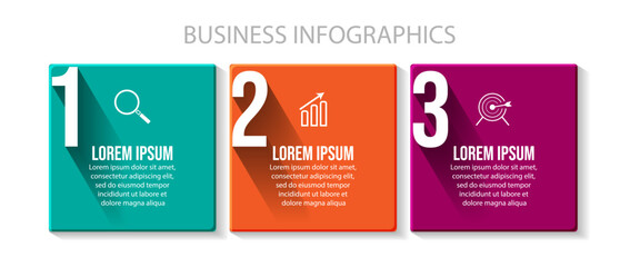 business infographic design with 3 parts or steps, there are icons, text, numbers, colored shapes connected to each other. for your diagram, banner and business workflow