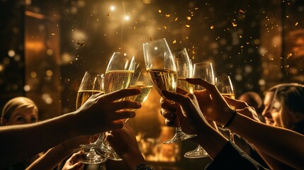 Hand holding glass of champagne, people cheering, cheers, spending a moment together with friends, party, happy moment, nightclub, restaurant, cheering, family, sparkling wine, luxury