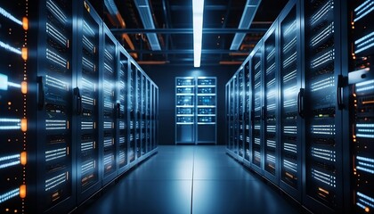 Fototapeta premium Server racks in server data center room. 3D rendering. Generative AI