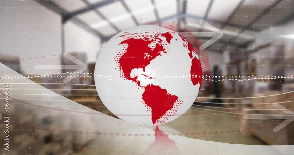 Poster animation of financial data processing over globe and warehouse