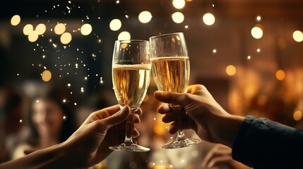 Hand holding glass of champagne, people cheering, cheers, spending a moment together with friends, party, happy moment, nightclub, restaurant, cheering, family, sparkling wine, luxury