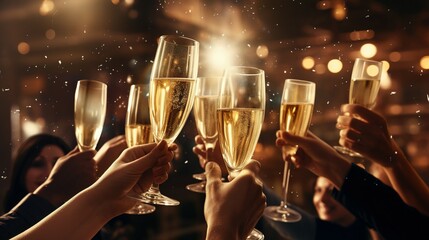 Hand holding glass of champagne, people cheering, cheers, spending a moment together with friends, party, happy moment, nightclub, restaurant, cheering, family, sparkling wine, luxury - obrazy, fototapety, plakaty