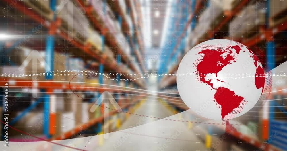 Poster animation of financial data processing over globe and warehouse