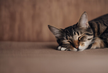 Tabby cat napping over a brown background