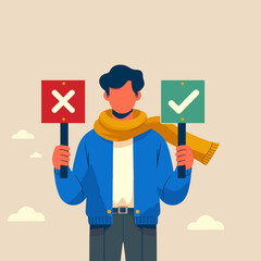 Business decision right or wrong, true or false, correct and incorrect, moral choosing option concept, thoughtful businessman holding right or wrong of left and right hand while making decision