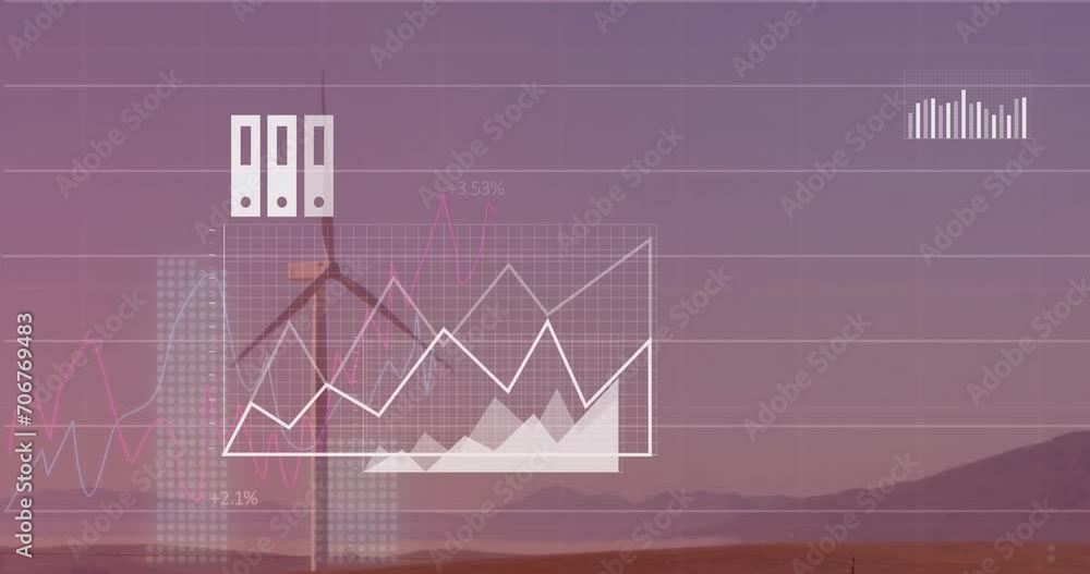 Aufkleber animation of cloud icon and data processing over wind turbine