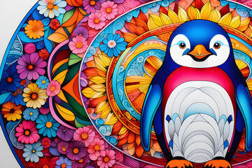Colored Paper for Adults Decorated with Mandala Penguin Images - A Beautiful Coloring Experience with Elegance and Calm generative ai