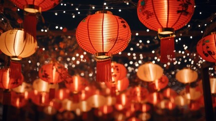Traditional red lanterns glowing during cultural festival. Chinese New Year celebration.