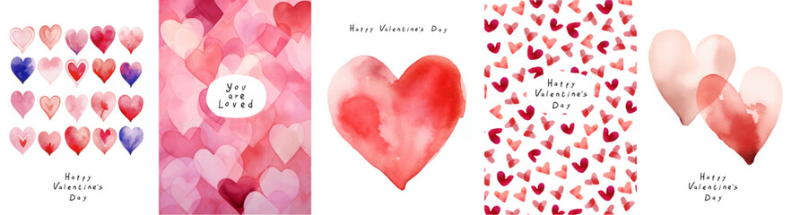 Happy Valentine's Day. Illustration of a red watercolor heart on a white background, a cute pink pattern and a minimalistic background about love for a greeting card, poster or flyer - obrazy, fototapety, plakaty