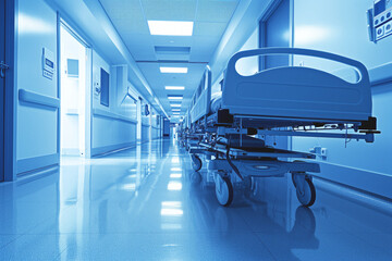 Perspective view of an empty hospital corridor, with a wheeled articulated bed, quality hospital care.copy space