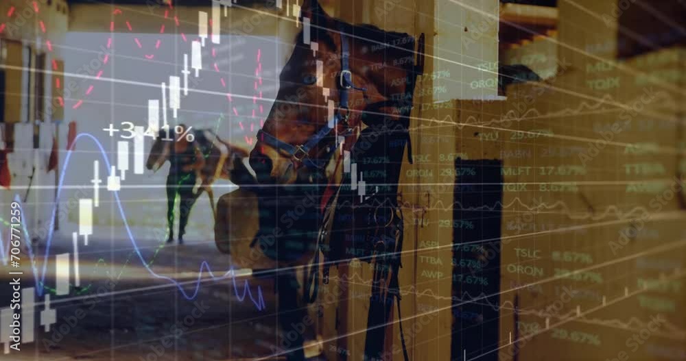 Aufkleber animation of financial data processing over horses in stable