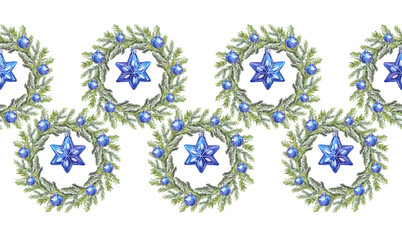 Seamless rim with watercolor green christmas tree fir wreath with blue toy star and balls isolated on white background. Circle frame border. Realistic hand-drawn art border for new year celebration