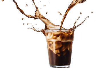 Iced coffee splashing isolated on white background copy space