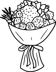 Cute wildflower line art bouquet set. Hand-drawn flowers, meadow herbs, wild plants, botanical elements for wedding invitation