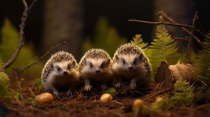 A trio of adorable hedgehogs exploring a carefully curated play area, their quills capturing the light -Generative Ai
