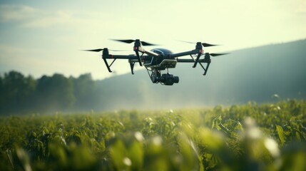 Sustainable Farming A farmer uses a drone to disperse cover crops over fields, reducing soil erosion and promoting natural fertilization, a sustainable approach to farming. - obrazy, fototapety, plakaty