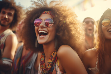 Happy group of people enjoying in music festival