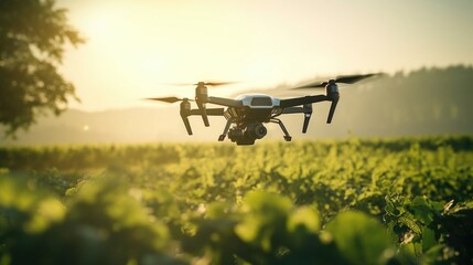 A drone equipped with IoT sensors flies over a field, gathering data on temperature, humidity, and other environmental factors, crucial for smart farming.