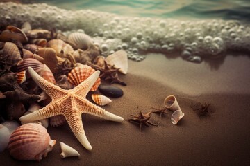 Seashore with starfish and seashells. Generative AI