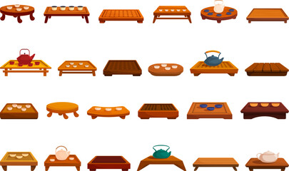 Tea ceremony table icons set cartoon vector. Traditional chinese. Wooden home interior