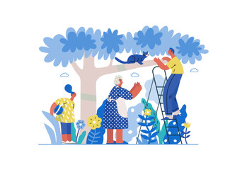 Mutual Support: Rescue cat from tree -modern flat vector concept illustration of elderly woman and man on a ladder under the tree Metaphor of voluntary, collaborative exchanges of resource, services © grivina