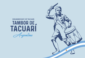 VECTORS. Editable banner of Pedro Rios, known as the Drummer boy of Tacuari (Argentina). A boy soldier and iconic figure of the Argentine War of Independence