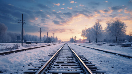 Fototapeta premium Winter railway, winter landscape with empty railway