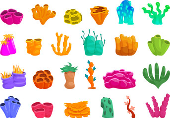 Sponge seaweed plant icons set cartoon vector. Ocean deep flora. Reef coral - obrazy, fototapety, plakaty