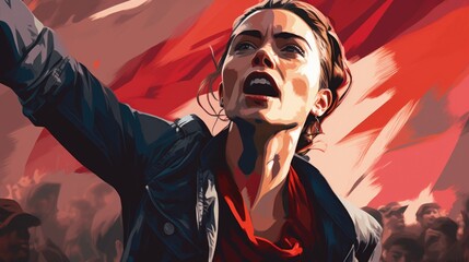 Illustration of a female activist passionately and angrily advocating for change - obrazy, fototapety, plakaty