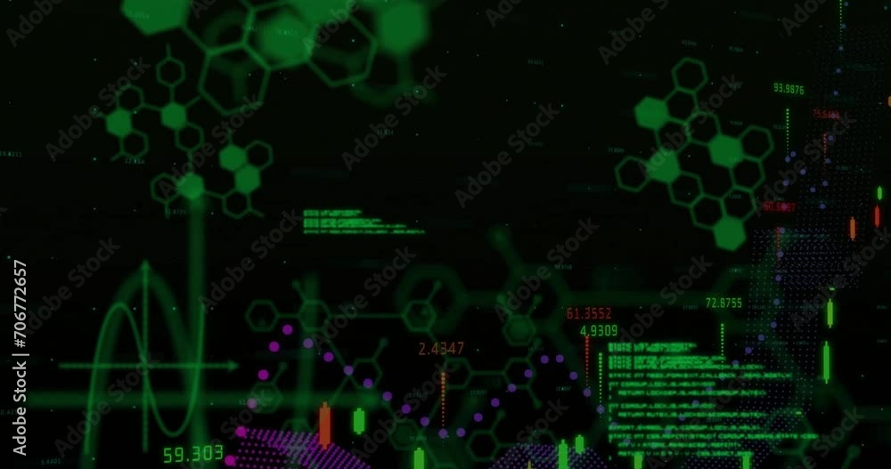 Aufkleber animation of financial data processing over world map on dark background