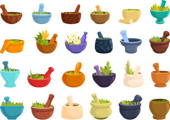 Grass mortar icons set cartoon vector. Green leaf fresh. Pestle healthy - obrazy, fototapety, plakaty