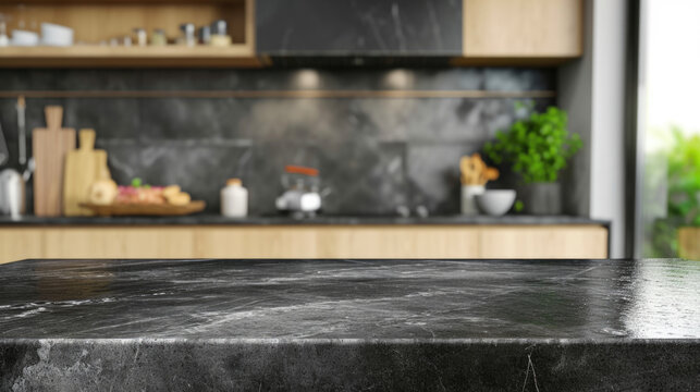  A dark marble table, ready for product display in a contemporary kitchen, with a blurred background, creating a stylish setting.Mockup