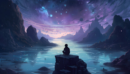 a person in meditation sitting on a rock surrounded by stars