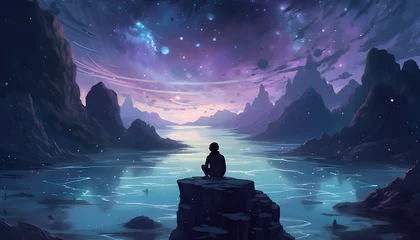 Foto op Canvas a person in meditation sitting on a rock surrounded by stars © VisualVanguard