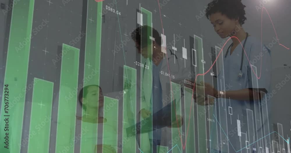 Sticker Animation of financial data processing over diverse doctors