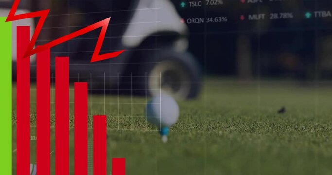Animation of financial data processing over golf ball on grass background - Powered by Adobe
