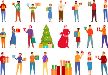 People give christmas presents icons set cartoon vector. Celebrate preparing. Happy fun