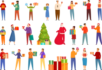 Foto op Plexiglas People give christmas presents icons set cartoon vector. Celebrate preparing. Happy fun © nsit0108