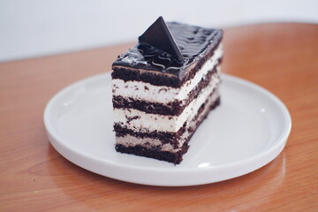 Delicious chocolate cake on a white plate