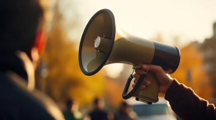 Closeup of a hand holding a megaphone, broadcasting the message justice for all.