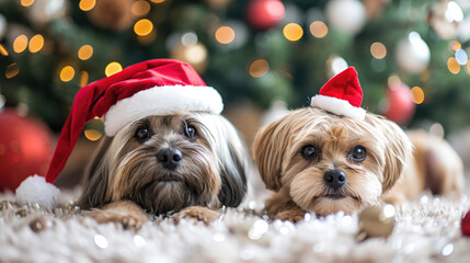 Two Cute dogs infront of a christmas tree with a christmas hat