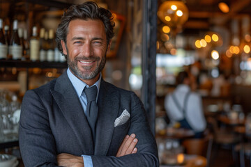 Smiling portrait of happy businessman restaurant owner standing in front of restaurant entrance with crossed arms