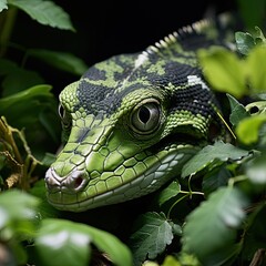 Green Lizard Camouflaged Among Leaves