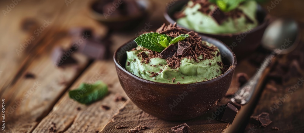 Poster raw avocado chocolate mousse topped with chocolate and mint selective focus healthy vegan chocolate 
