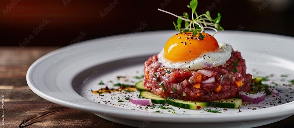 Aufkleber Traditional beef tartar served with a raw egg on top onion and cucumber in white plate ready to be eaten. with copy space image. Place for adding text or design