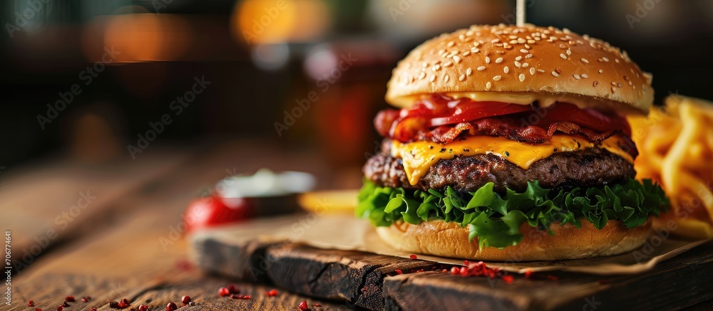 Poster triple giant hamburger with cheddar cheese. with copy space image. Place for adding text or design