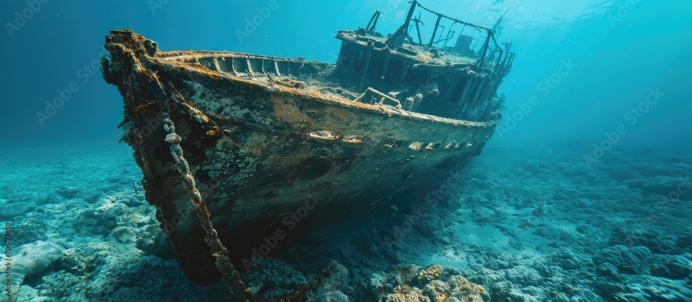 Poster SUDAN Red Sea U W photo wreck the stern of the sunken ship. with copy space image. Place for adding text or design