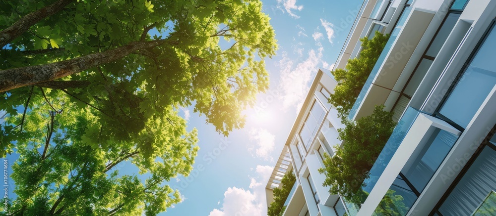 Poster tall white building with blue sky and green tree leaves during the day. with copy space image. place