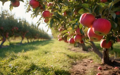 Organic apples hanging from a tree branch in an apple orchard - obrazy, fototapety, plakaty