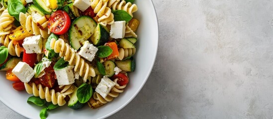 pasta salad with grilled vegetables zucchini eggplant bell pepper ant tomato and feta cheese on white bowl top view. with copy space image. Place for adding text or design - obrazy, fototapety, plakaty